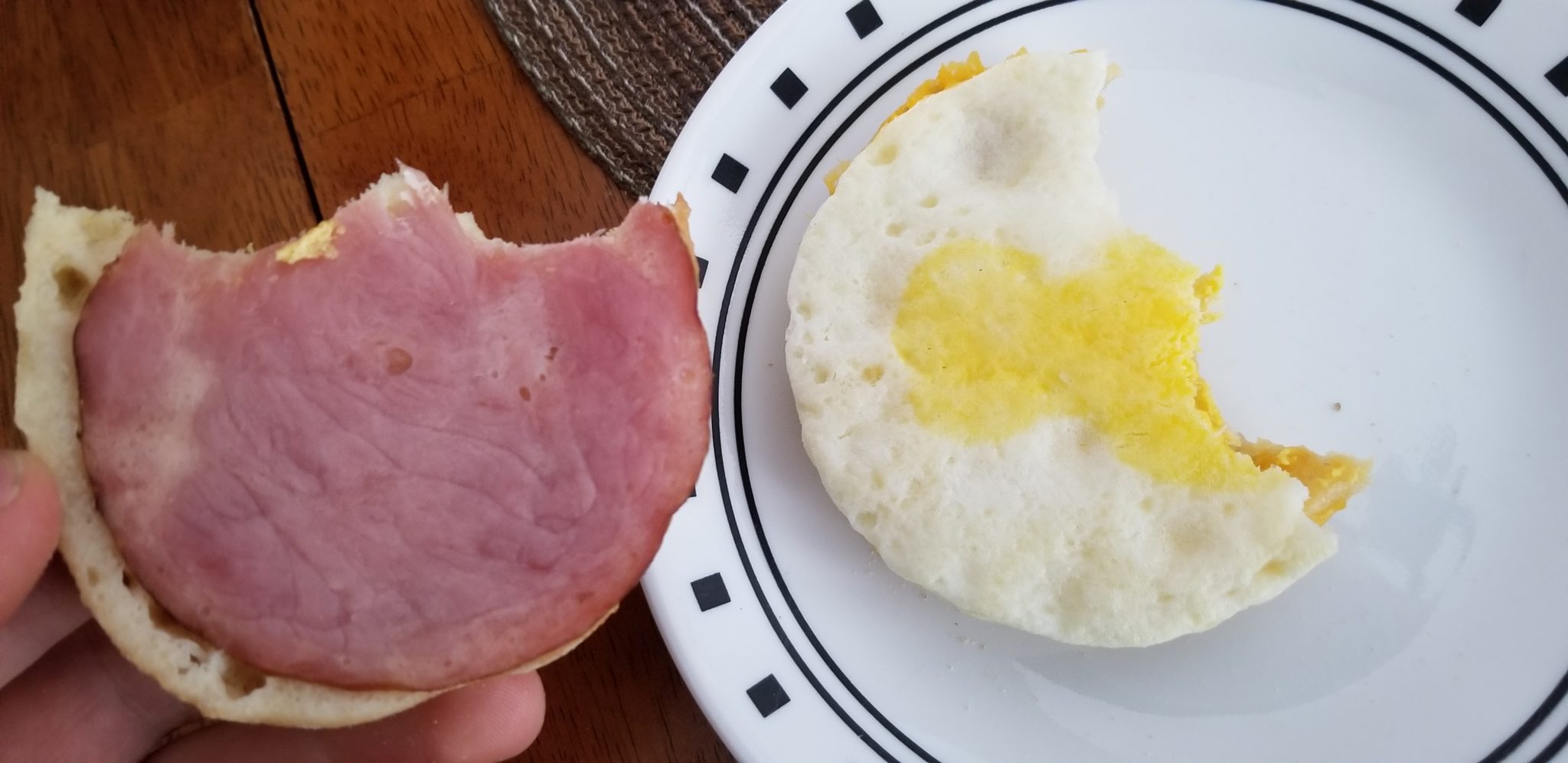 Jimmy Dean English Muffin, Canadian Bacon, Whole Egg and Cheese inside the sandwich.