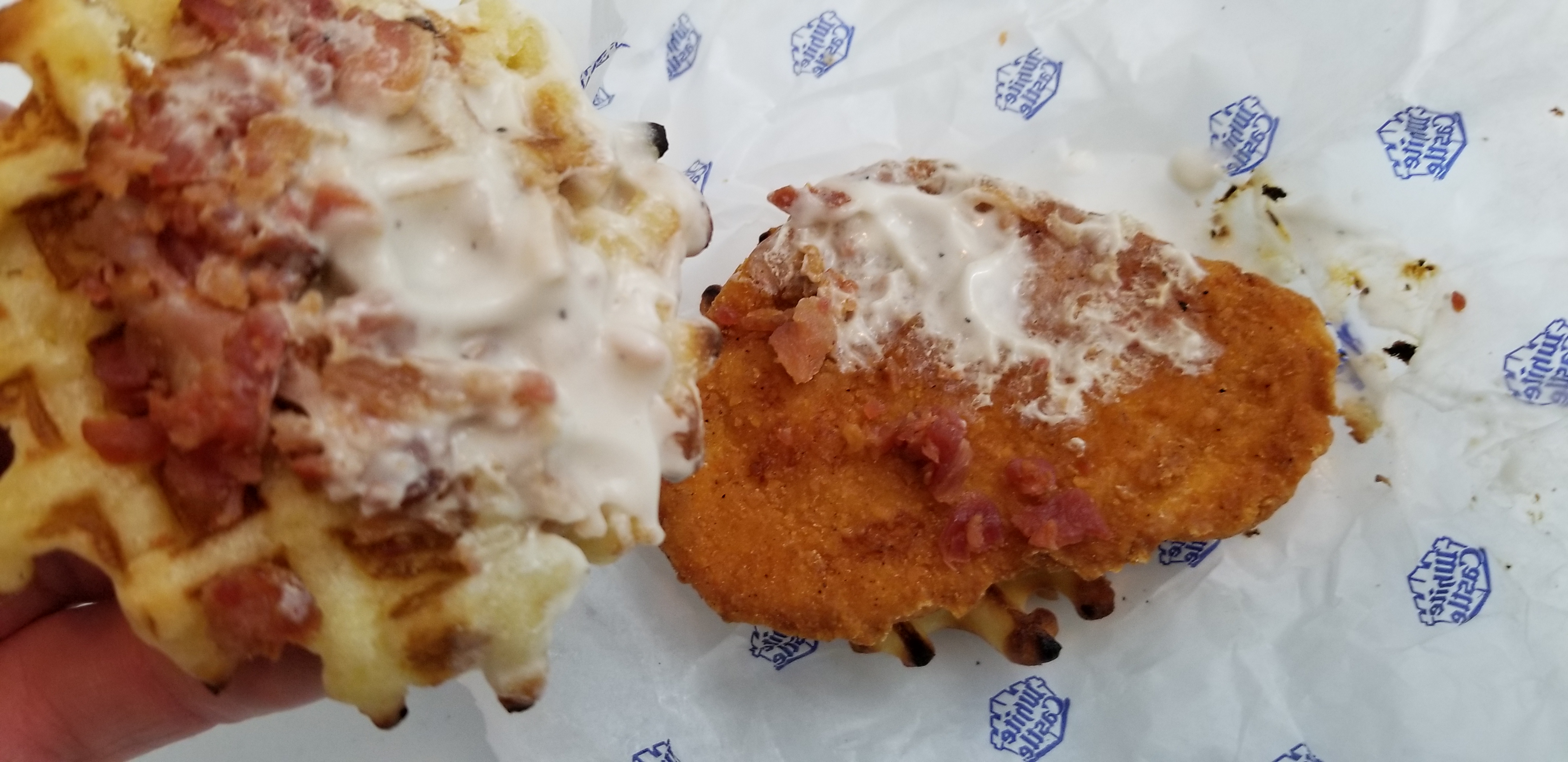 White Castle Chicken and Waffle Slider with Bacon Inside