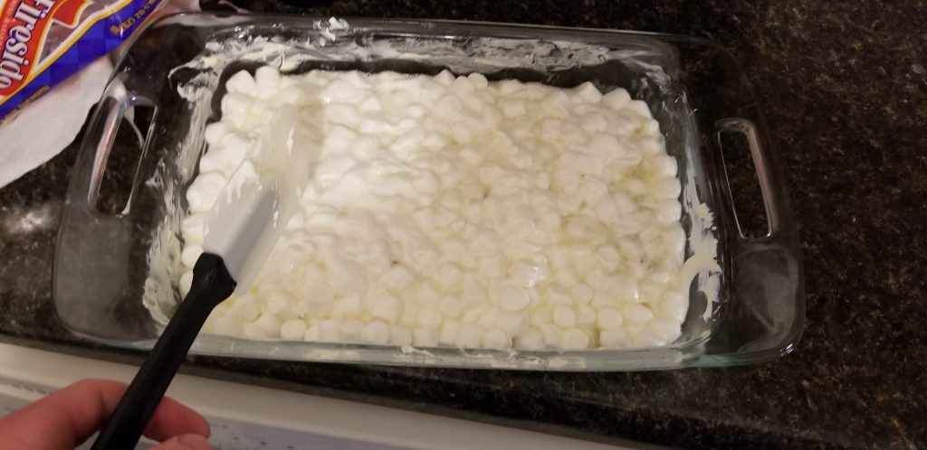 marshmallows in a glass baking dish