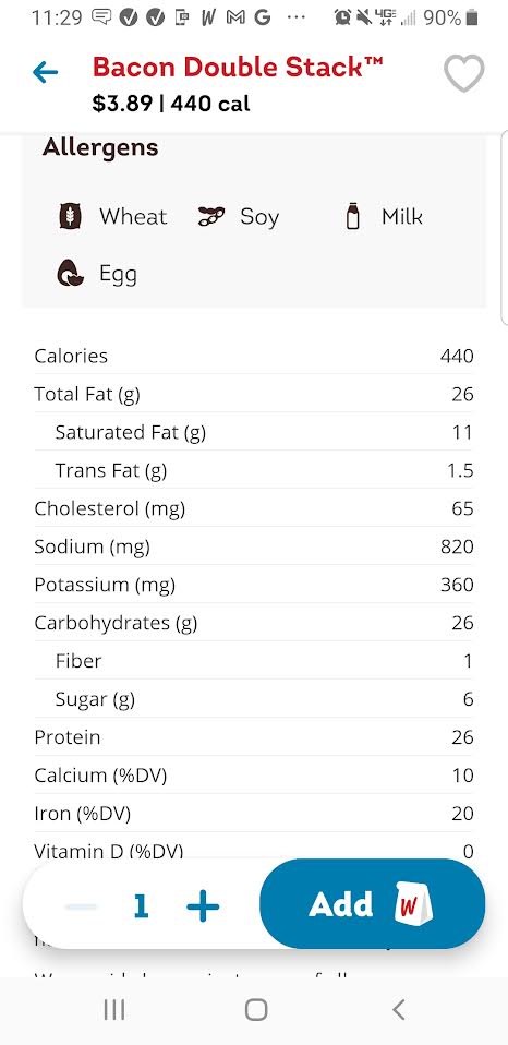 Bacon Double Stack nutrition facts