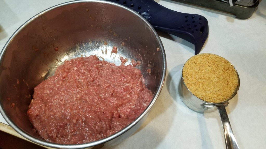cup of bread crumbs and ground beef mixture
