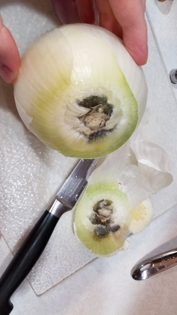 cutting an onion for fried rice recipe