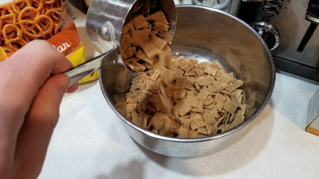 Chex mix recipe being measured out