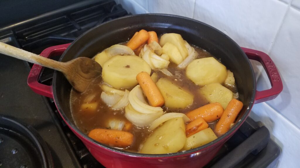 pot of veggies and potatoes