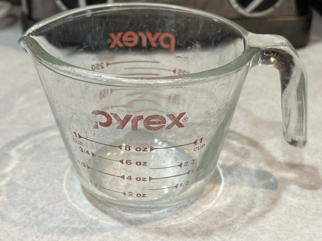 Pyrex measuring cup for Gemelli pasta recipe