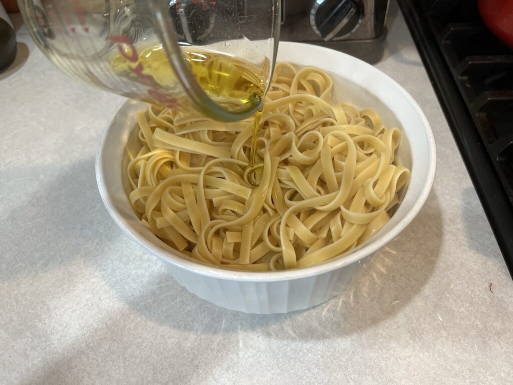 pour the olive oil into the bowl